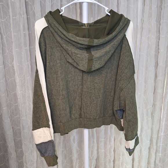 POL Colorblock Olive White Blue Striped 100% Cotton Zip Up Hoodie Boutique Boho - Picture 11 of 13